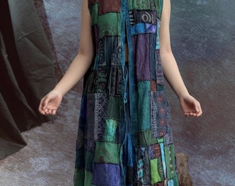 Chaleco largo de patchwork con capucha, capa sin mangas estilo bohemio de bruja, túnica nómada gótica unisex, prenda para festivales teñida con plantas.