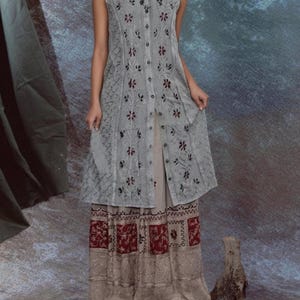 Puede incluir: Un vestido gris sin mangas con bordado floral y botones en la parte delantera. El vestido est&aacute; superpuesto a una falda beige con un dobladillo estampado en rojo y blanco. Se lleva un collar alrededor del cuello.