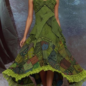 May include: A sleeveless green dress with a patchwork skirt and a high-low hemline. The bodice features embroidered details and butterfly accents. The skirt has a patchwork design with various patterns and a lime green lace trim.