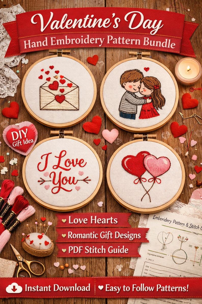 Valentine's Hand Embroidery Pattern Bundle: Love Hearts, DIY Gift (PDF ...