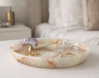 Green Onyx Ring Dish with Amethyst Knob 6.7” L × 4.3" W | Key Holder, Coin Holder, Luxury Oval Trinket Dish | Handmade Onyx Decor