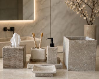 Beige Travertine Bathroom Set – 6 Piece Handmade Luxury Bath Accessories, Soap Dispenser, Tray, Toothbrush Holder, Tissue Box, Garbage Can