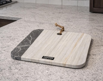 Handmade Black & White Marble Cutting Board | 10 x 10 in Natural Stone Serving Board | Matte Marble Charcuterie Board