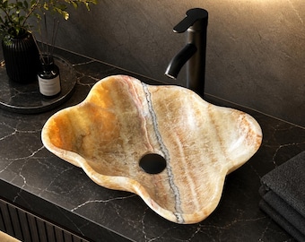 Honey Onyx Vessel Sink, Handmade of Natural Stone, Luxury Bathroom Vanity Basin, Unique Sculptural Sink, Modern Bathroom Decor
