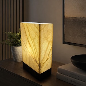 May include: A rectangular table lamp featuring a translucent, cream-colored stone shade with natural veining patterns. The lamp is illuminated from within, casting a warm glow, and is supported by a solid, dark-colored rectangular base.