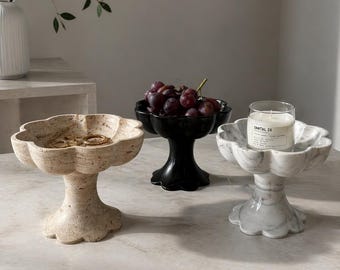 Scalloped Marble Pedestal Bowl, Handmade Stone Fruit Bowl, Jewelry Holder, Minimalist Home Decor, Onyx and Travertine Onyx Centerpiece