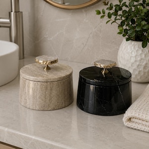 Marble & Travertine Storage Jar with Lid, Luxury Vanity Container, Knob Jewelry Box, Elegant Bathroom Decor, Coffee Table Accent