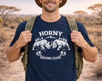 Rhino Funny Horny Hiking Club Shirt, Comfort Colors 1717 Retro Badge Tee, Sarcastic Hiker Gift, Vintage Wildlife Outdoorsy Humor Top