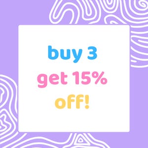 May include: A square graphic with a light purple background featuring white abstract line patterns. A central white square contains the text buy 3 in blue, get 15% in pink, and off! in yellow, displayed in a rounded, bold, sans-serif font.