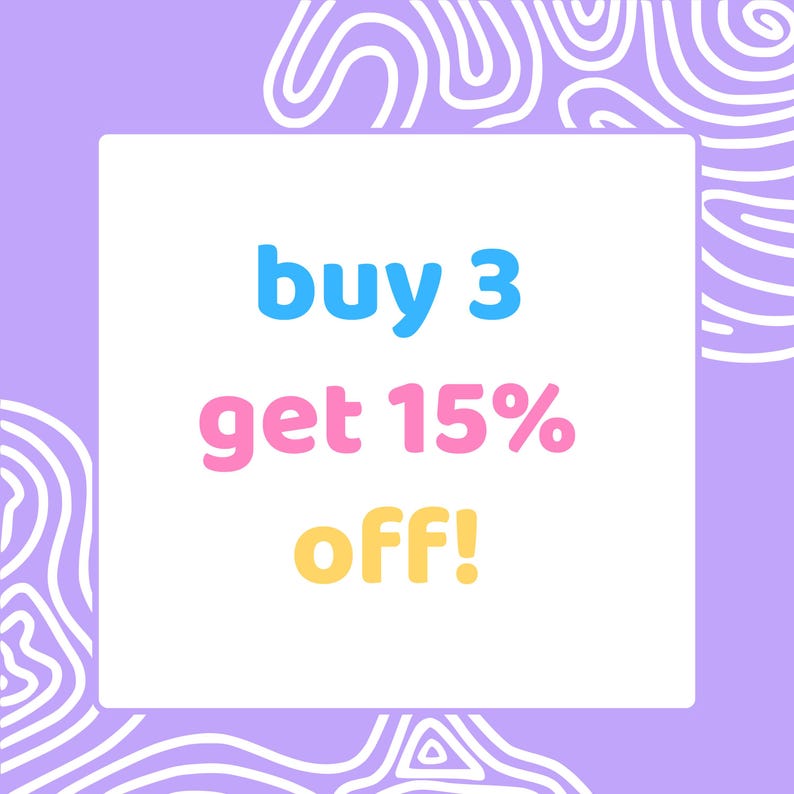 May include: A square graphic with a light purple background featuring white abstract line patterns. A central white square contains the text buy 3 in blue, get 15% in pink, and off! in yellow, displayed in a rounded, bold, sans-serif font.