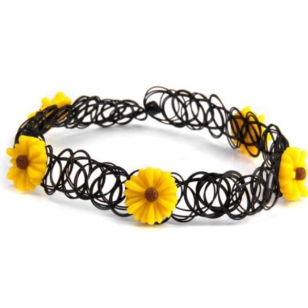 Yellow Sunflower Stretch Black 90's Choker Necklace