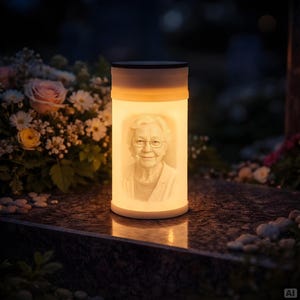 Könnte beinhalten: Eine zylindrische Gedenklaterne mit warmem Lichtschein. Auf der Vorderseite befindet sich ein detailliertes, eingraviertes Porträt einer älteren Person mit kurzem Haar und Brille, die ein Hemd mit Kragen trägt. Die Laterne hat einen dunklen Deckel.