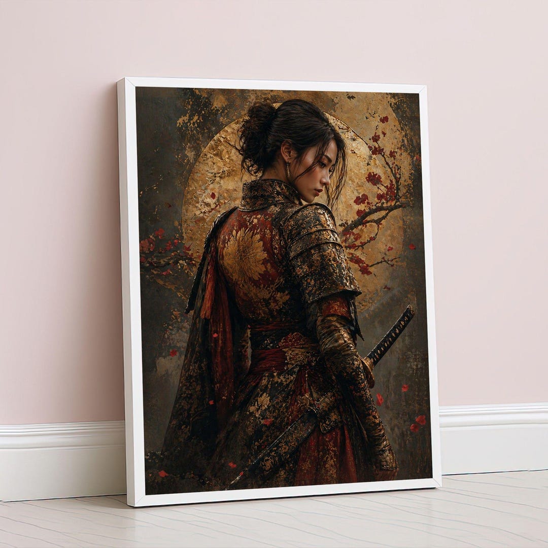 Japanese Samurai Woman Framed Wall Art, Red Gold Kimono Canvas Print ...