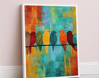 Colorful Birds on Wire Abstract Canvas Wall Art Print  Vibrant Living Room Decor  Modern Statement Piece