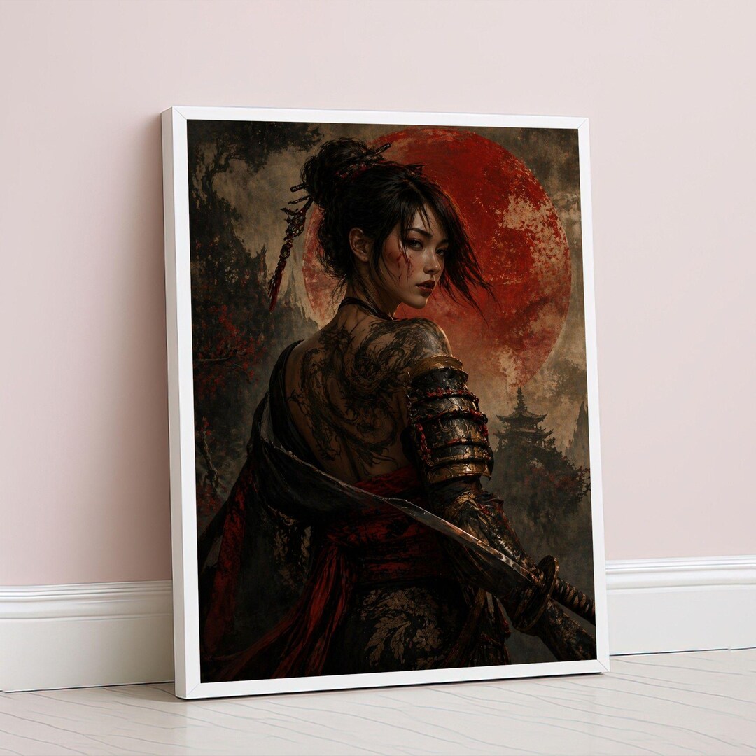 Japanese Samurai Woman Framed Wall Art, Red Moon Tattoo Canvas Print ...
