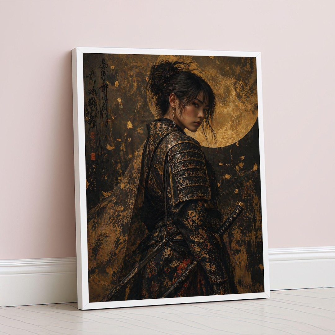 Japanese Samurai Woman Framed Wall Art, Gold Black Warrior Canvas Print ...