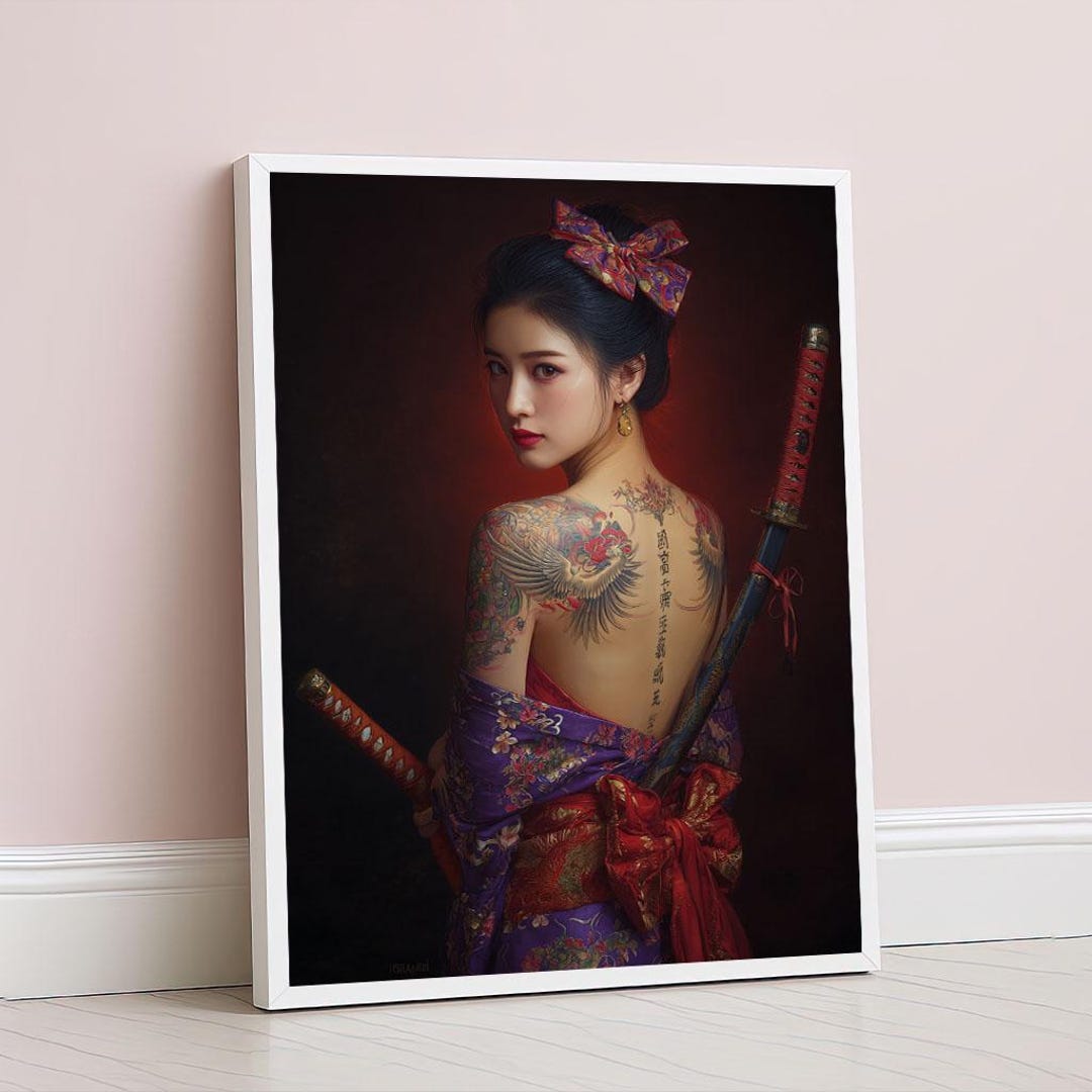 Elegant Japanese Geisha With Sword Canvas Wall Art Print Bold Red and ...