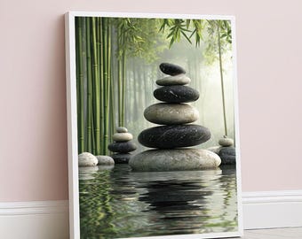 静謐な禅石キャンバスウォールアートプリント ミニマリストスパ装飾 リビングルーム用 静かなギフト