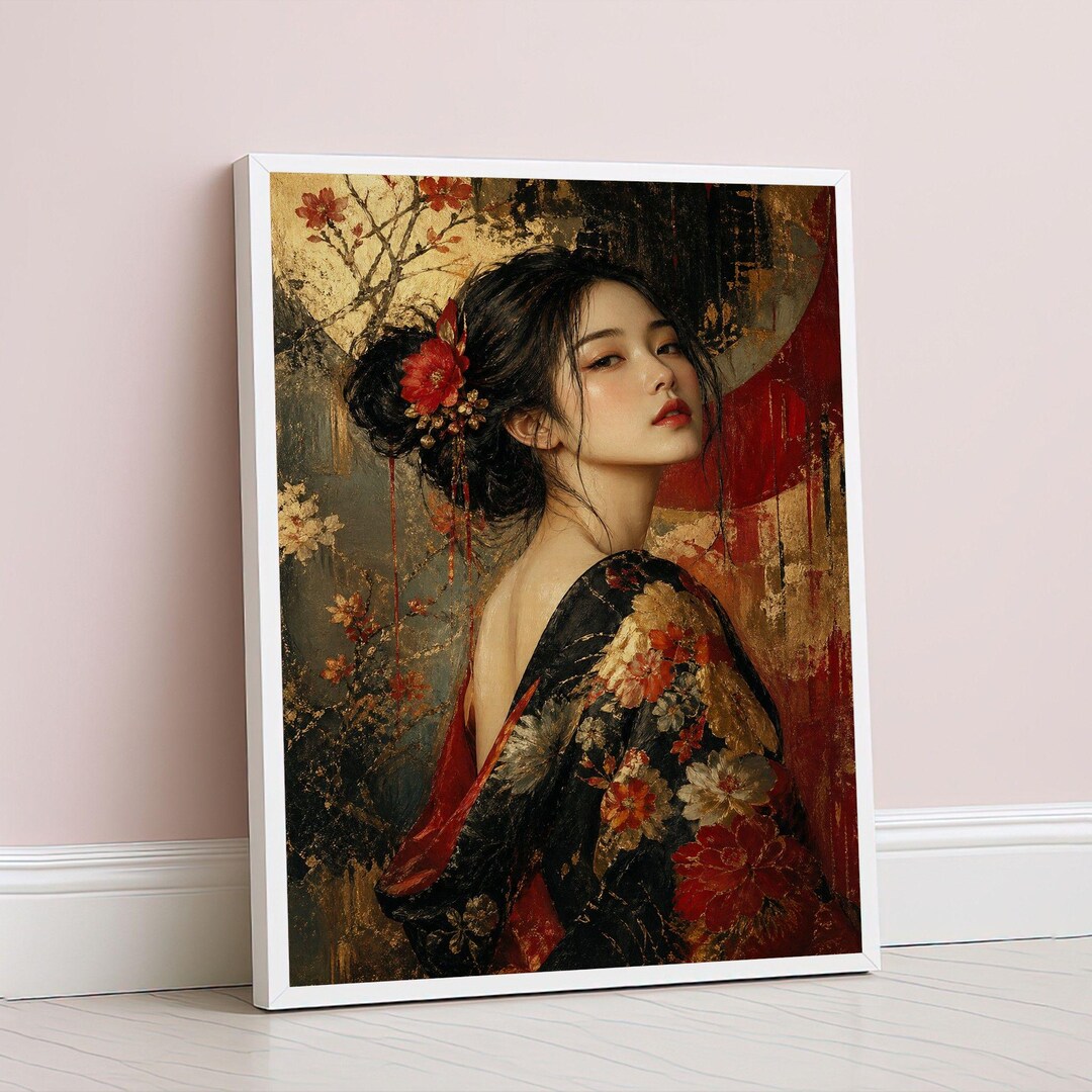 Japanese Geisha Framed Wall Art, Red Gold Kimono Canvas Print, Vintage ...