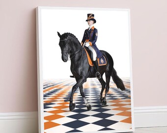 May include: Framed print of a black horse with a rider in a blue and orange uniform. The horse is on a checkered floor with orange, white, and navy blue squares. The rider wears a top hat.