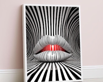 Striking Red Lips Optical Illusion Canvas Wall Art Print  Black & White Modern Living Room Decor  Statement Piece