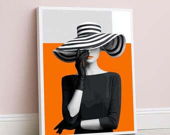 Lienzo decorativo moderno y elegante con diseño de mujer con sombrero a rayas en negro y naranja para sala de estar.