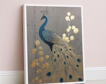 Elegant Peacock Art Deco Canvas Wall Art Print  Blue and Gold Living Room Decor  Statement Piece