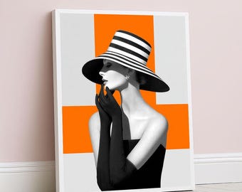 Lienzo de mujer moderna y sofisticada con sombrero, impresión artística para pared, color negro y naranja, pieza decorativa para sala de estar.