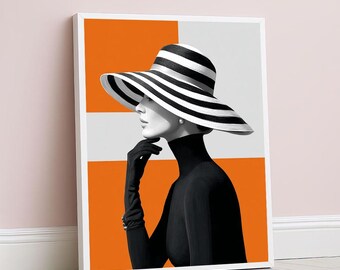 Elegante lienzo de mujer en blanco y negro con sombrero, impresión artística para pared, moderno acento naranja, decoración para sala de estar, pieza llamativa