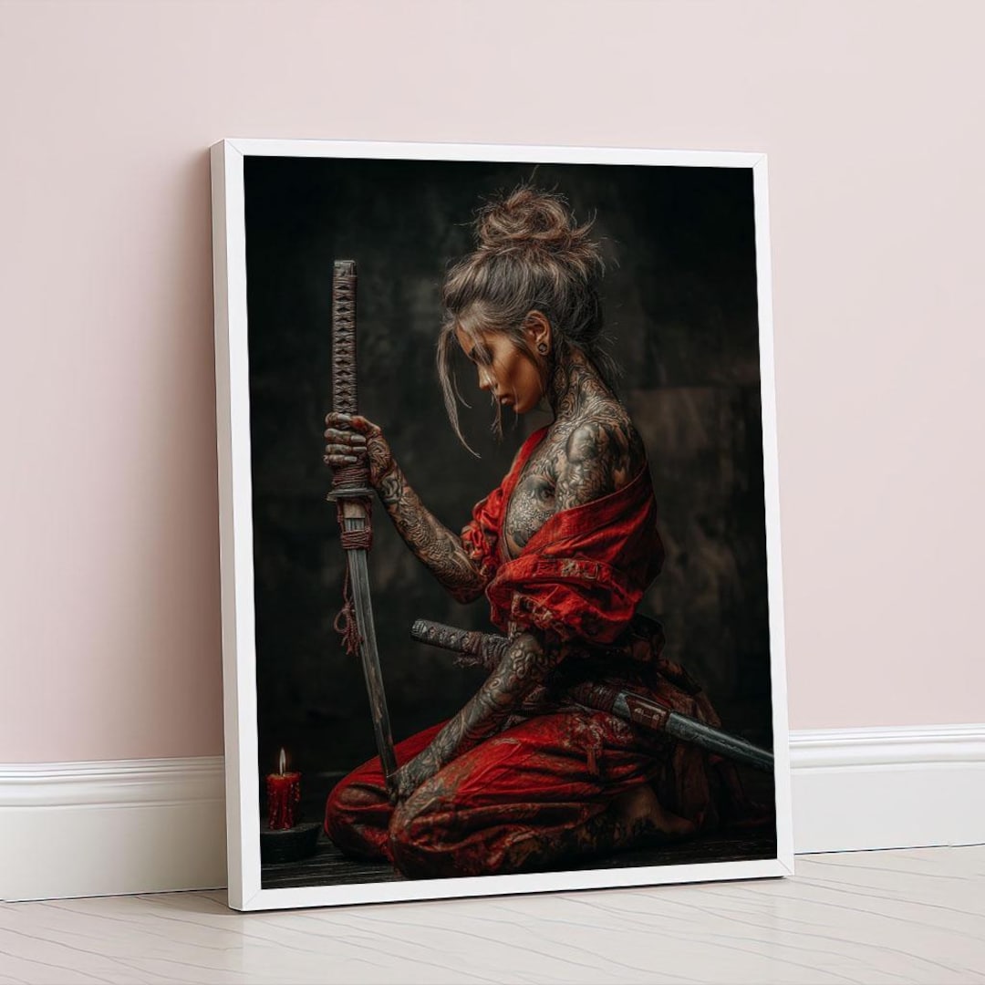 Mystical Samurai Woman Canvas Wall Art Print Dark Red and Black Living ...