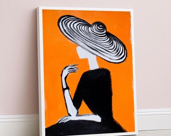 Elegante moderne vrouw met hoed canvas muurkunst print gedurfd oranje en zwart woonkamerdecor statement stuk