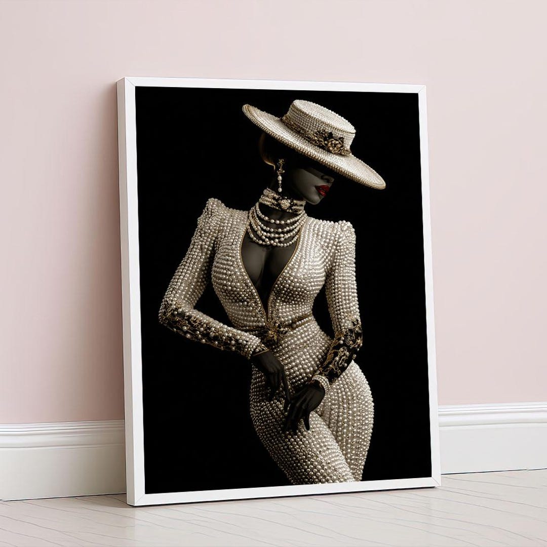 Elegant Black Woman in Pearls Canvas Wall Art Print Chic Living Room ...