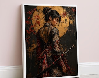 Japanese Samurai Woman Framed Wall Art, Gold Red Tattoo Canvas Print, Asian Inspired Living
