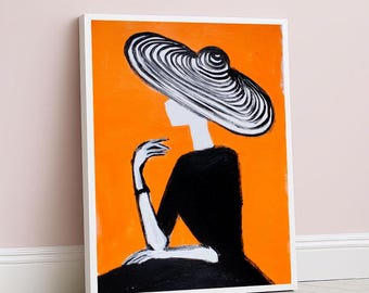 Chique mode vrouw met hoed canvas muurkunst print oranje en zwart woonkamerdecor statement stuk