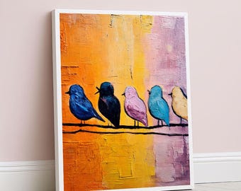 Colorful Birds on a Wire Canvas Wall Art Print  Modern Abstract Living Room Decor  Ready to Hang