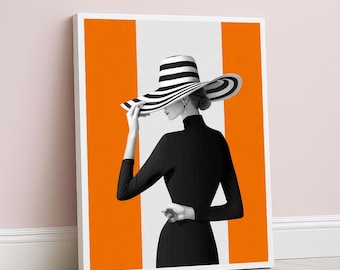 Oranje en zwart mode vrouw canvas muurkunst moderne woonkamer decor statement stuk