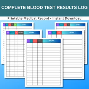 Op de afbeelding: Een stapel afdrukbare medische logboeken met de tekst "COMPLETE BLOOD TEST RESULTS LOG" en "Printable Medical Record • Instant Download". Elke pagina heeft een blauwe en turquoise kop met secties voor notities en resultaten.