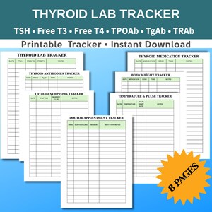 Puede incluir: Un conjunto de plantillas imprimibles para el seguimiento de pruebas de laboratorio de tiroides, incluyendo TSH, Free T3, Free T4, TPOAb, TgAb y TRAB. Las páginas incluyen secciones para el seguimiento de medicamentos, peso corporal, temperatura, pulso, síntomas y citas médicas. El texto dice "Thyroid Lab Tracker".