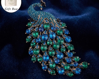 Spilla personalizzata a forma di pavone in cristallo, spilla vintage a forma di uccello con confezione regalo, gioiello scintillante da indossare su un cappotto o un abito, regalo per la mamma o la nonna.