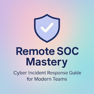 Puede incluir: Gráfico digital con un icono de escudo azul claro que contiene una marca de verificación blanca, encima del texto "Remote SOC Mastery". Debajo, el texto dice "Cyber Incident Response Guide for Modern Teams" sobre un fondo degradado de rosa, azul y verde.