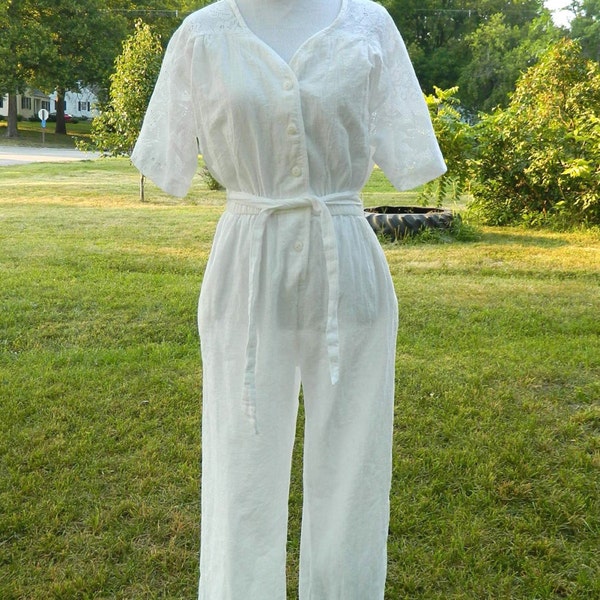 Vintage 80s Pure White Cotton Jumpsuit Women's S