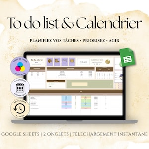 Peut inclure: Un écran d'ordinateur affichant un modèle numérique de liste de tâches et de calendrier pour Google Sheets. L'interface présente des sections marron, beige et blanc avec des listes et un calendrier. Texte : "To do list & Calendrier".