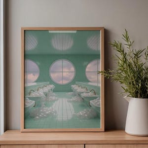 May include: A framed art print depicts a surreal bathroom scene. The room is a soft green with round windows showing a cloudy sky. Bathtubs are filled with fluffy white clouds, creating a dreamlike atmosphere. The frame is a light wood color.