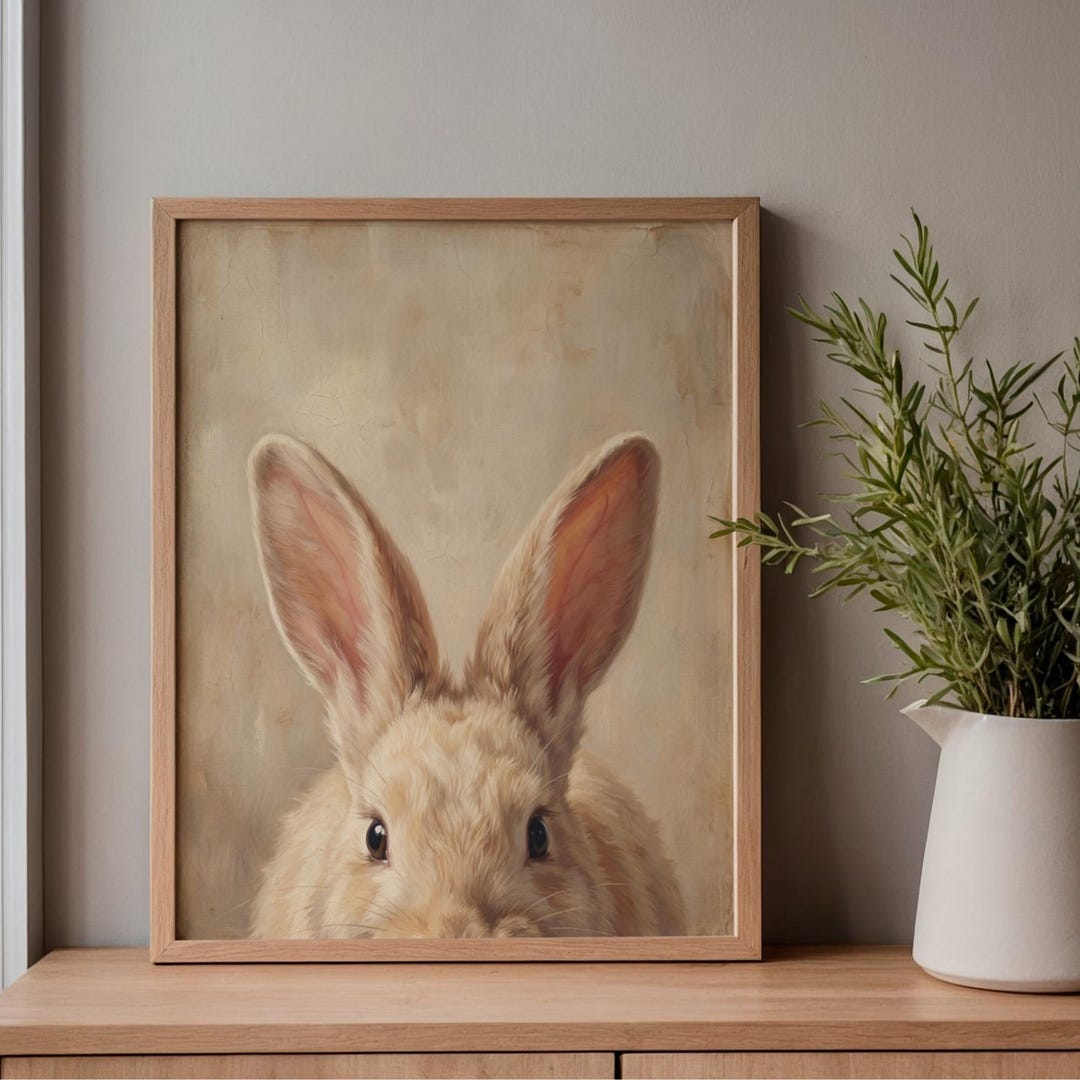 Bunny Ears Wall Art Print, Vintage Rabbit Portrait, Neutral Nursery ...
