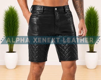 Men's Black Quilted Genuine Cowhide Leather Biker Shorts Zipper Pockets