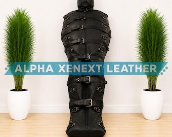 Black Real Leather Adjustable Body Bag Full Length Zip Storage Cover