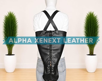 Men Black Real Leather Back Support Corset Adjustable Lace Up Posture Belt