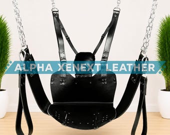 Black Real Leather Hanging Swing Seat Adjustable Support Sling Chair