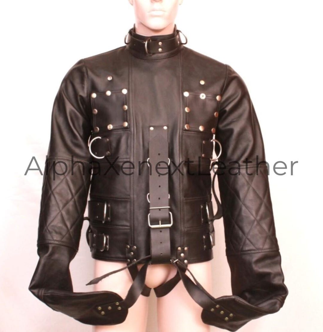 Strict Jacket Real Black Leather Straight Jacket Heavy Duty Restraint Straitjacket ...