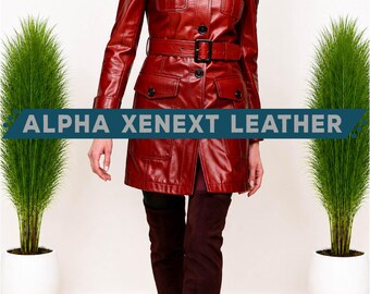 Women's Red Genuine Leather Trench Coat, Belted High Collar Jacket, Custom Fit